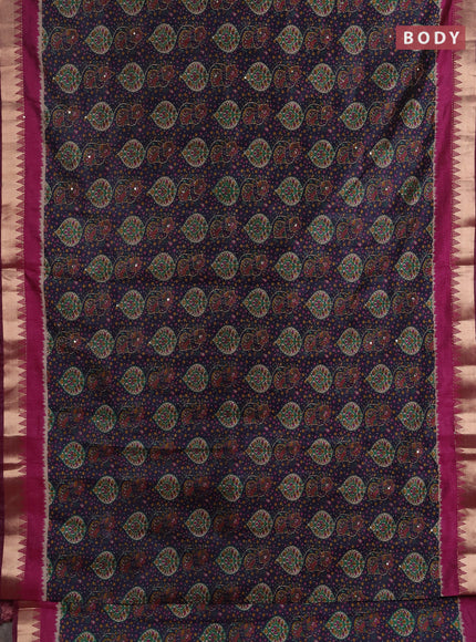 Semi tussar saree dark grey and wine shade with allover prints & kantha stitch work and zari woven border