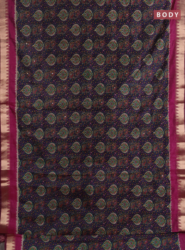 Semi tussar saree dark grey and wine shade with allover prints & kantha stitch work and zari woven border
