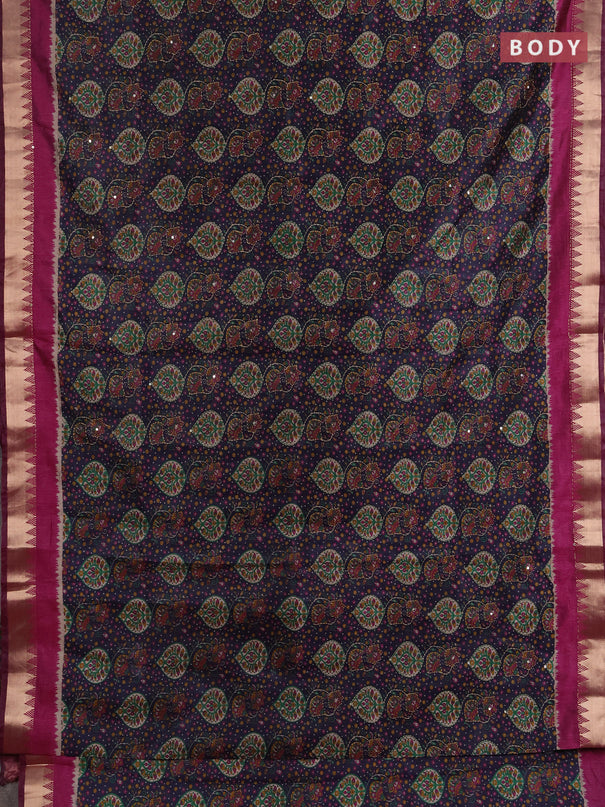 Semi tussar saree dark grey and wine shade with allover prints & kantha stitch work and zari woven border
