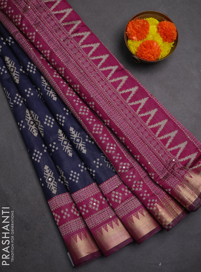 Semi tussar saree navy blue and magenta pink with allover ikat prints & kantha stitch work and zari woven border