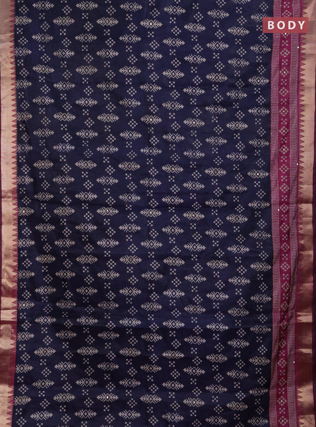 Semi tussar saree navy blue and magenta pink with allover ikat prints & kantha stitch work and zari woven border