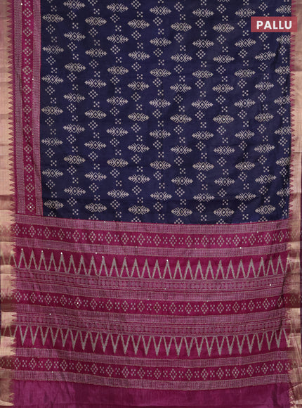 Semi tussar saree navy blue and magenta pink with allover ikat prints & kantha stitch work and zari woven border