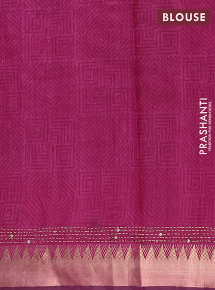 Semi tussar saree navy blue and magenta pink with allover ikat prints & kantha stitch work and zari woven border