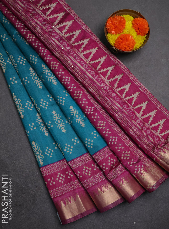 Semi tussar saree teal green and magenta pink with allover ikat prints & kantha stitch work and zari woven border
