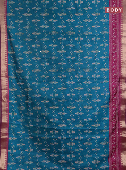 Semi tussar saree teal green and magenta pink with allover ikat prints & kantha stitch work and zari woven border