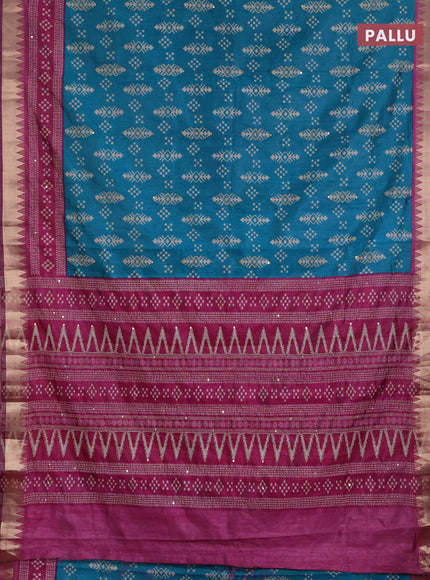 Semi tussar saree teal green and magenta pink with allover ikat prints & kantha stitch work and zari woven border