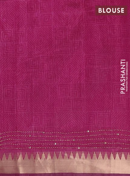 Semi tussar saree teal green and magenta pink with allover ikat prints & kantha stitch work and zari woven border