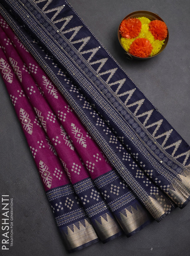 Semi tussar saree magenta pink and navy blue with allover ikat prints & kantha stitch work and zari woven border