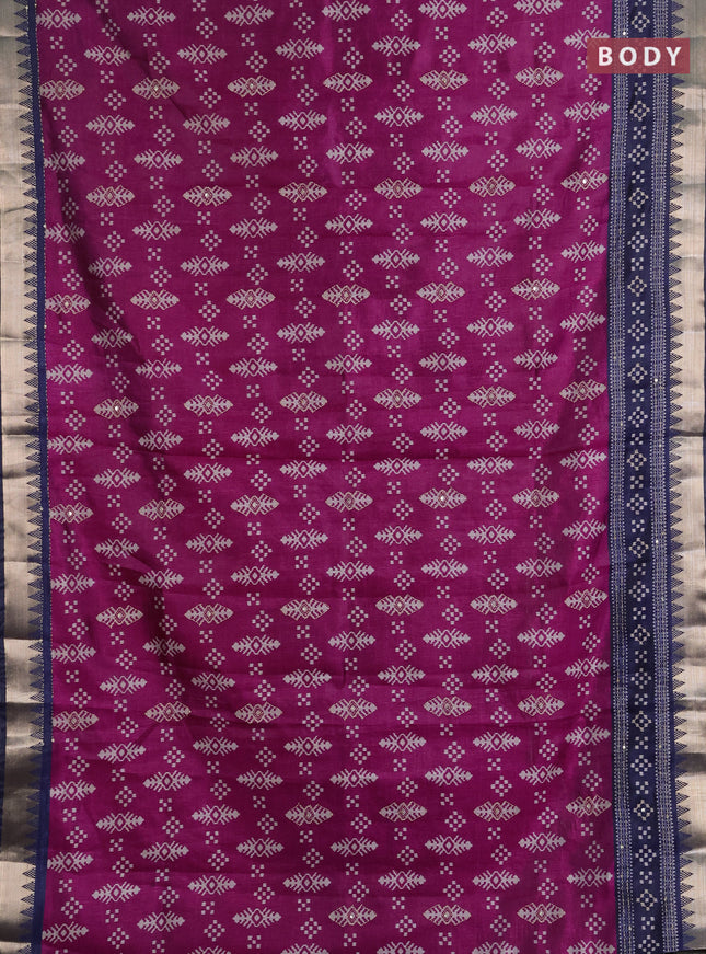 Semi tussar saree magenta pink and navy blue with allover ikat prints & kantha stitch work and zari woven border