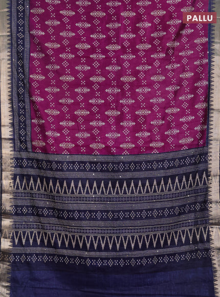 Semi tussar saree magenta pink and navy blue with allover ikat prints & kantha stitch work and zari woven border