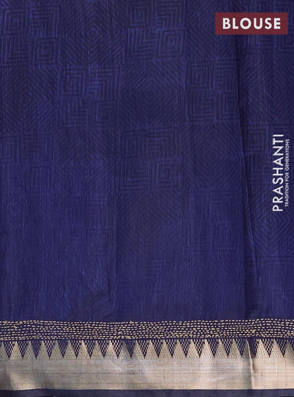 Semi tussar saree magenta pink and navy blue with allover ikat prints & kantha stitch work and zari woven border