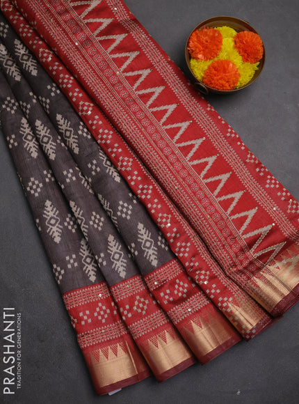 Semi tussar saree greyish brown and red shade with allover ikat prints & kantha stitch work and zari woven border