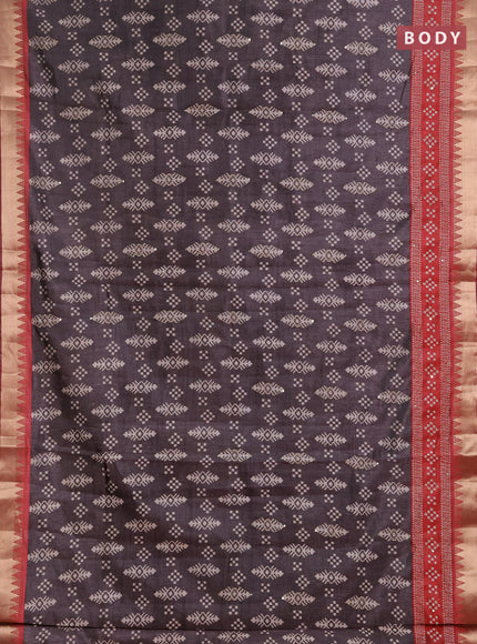 Semi tussar saree greyish brown and red shade with allover ikat prints & kantha stitch work and zari woven border
