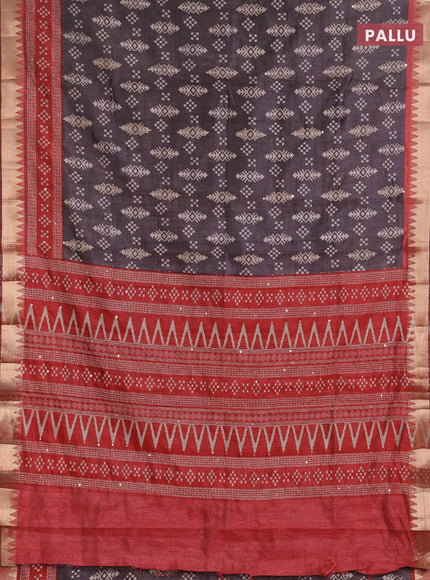Semi tussar saree greyish brown and red shade with allover ikat prints & kantha stitch work and zari woven border