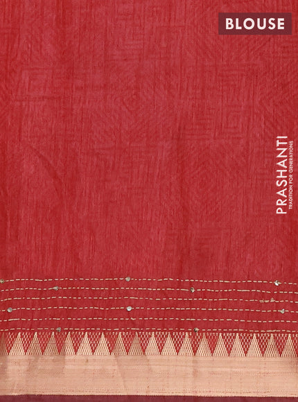 Semi tussar saree greyish brown and red shade with allover ikat prints & kantha stitch work and zari woven border