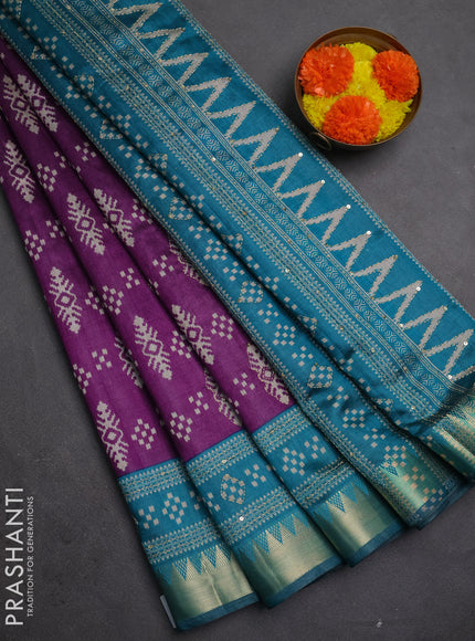 Semi tussar saree purple and peacock green with allover ikat prints & kantha work and zari woven border