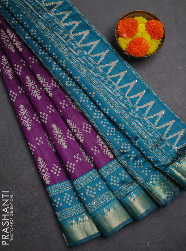 Semi tussar saree purple and peacock green with allover ikat prints & kantha work and zari woven border
