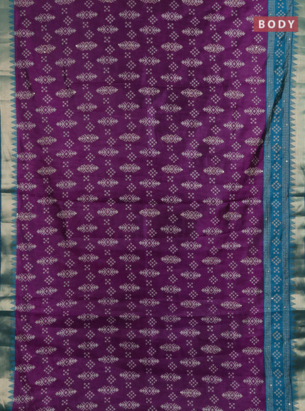 Semi tussar saree purple and peacock green with allover ikat prints & kantha work and zari woven border