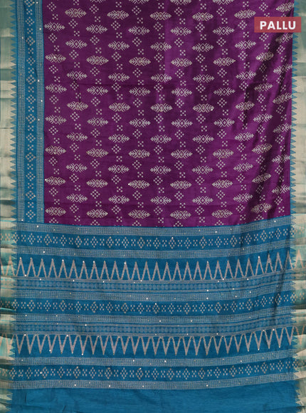 Semi tussar saree purple and peacock green with allover ikat prints & kantha work and zari woven border