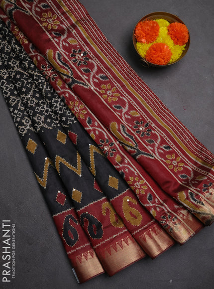 Semi tussar saree black and maroon shade with allover ikat prints & kantha work and zari woven border
