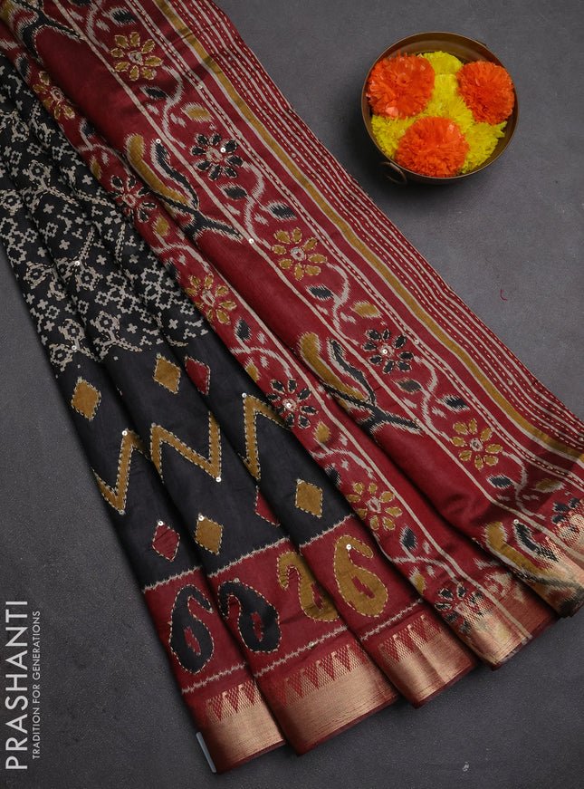 Semi tussar saree black and maroon shade with allover ikat prints & kantha work and zari woven border