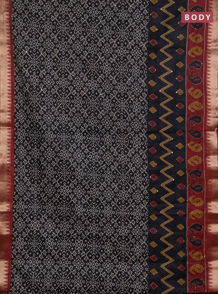 Semi tussar saree black and maroon shade with allover ikat prints & kantha work and zari woven border