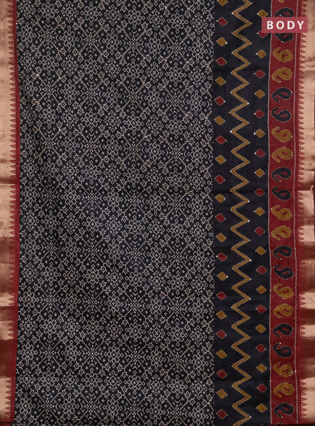 Semi tussar saree black and maroon shade with allover ikat prints & kantha work and zari woven border