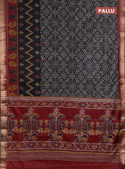 Semi tussar saree black and maroon shade with allover ikat prints & kantha work and zari woven border