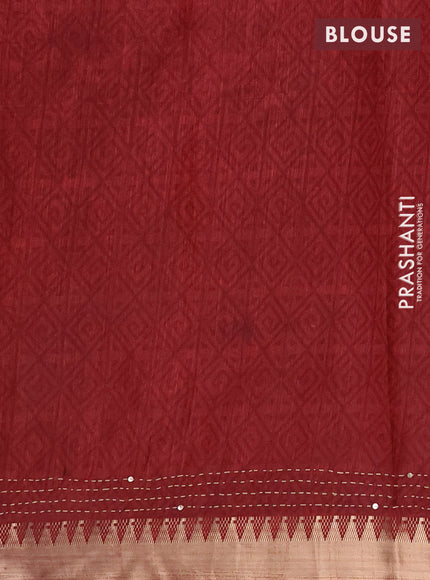 Semi tussar saree black and maroon shade with allover ikat prints & kantha work and zari woven border
