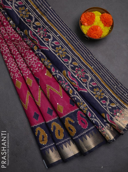 Semi tussar saree pink and navy blue with allover ikat prints & kantha work and zari woven border