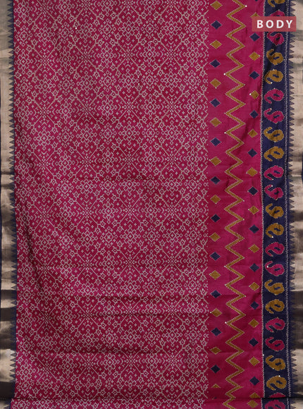 Semi tussar saree pink and navy blue with allover ikat prints & kantha work and zari woven border