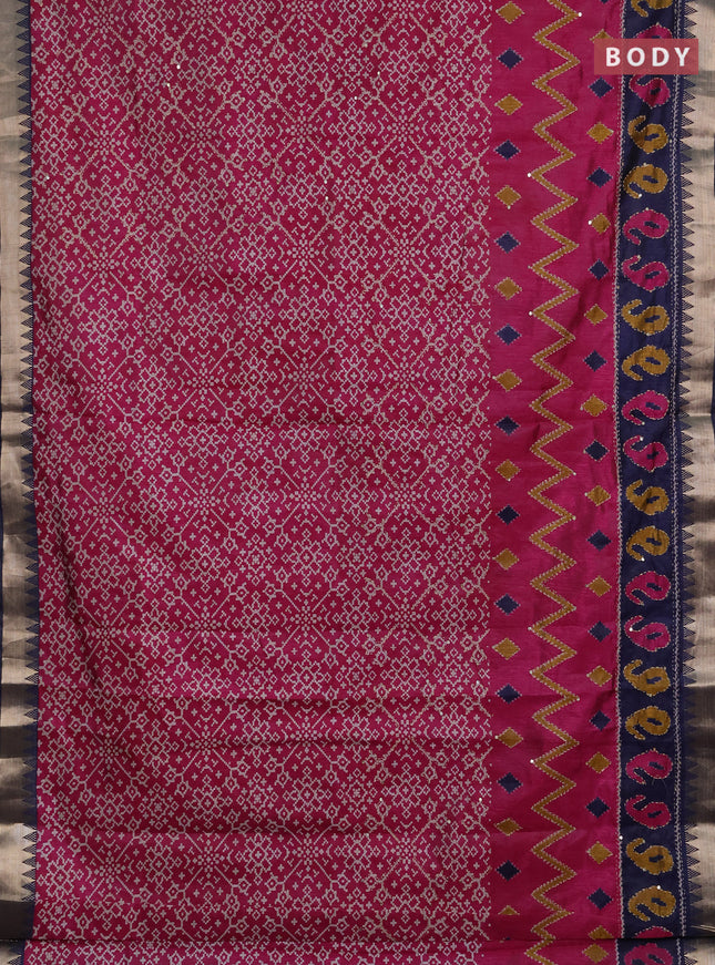 Semi tussar saree pink and navy blue with allover ikat prints & kantha work and zari woven border