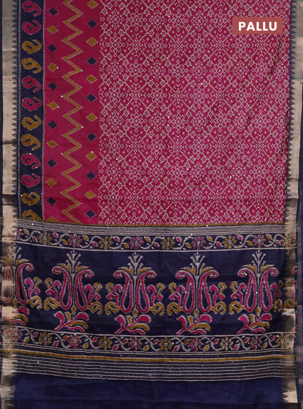 Semi tussar saree pink and navy blue with allover ikat prints & kantha work and zari woven border