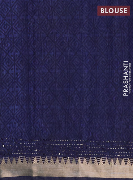 Semi tussar saree pink and navy blue with allover ikat prints & kantha work and zari woven border