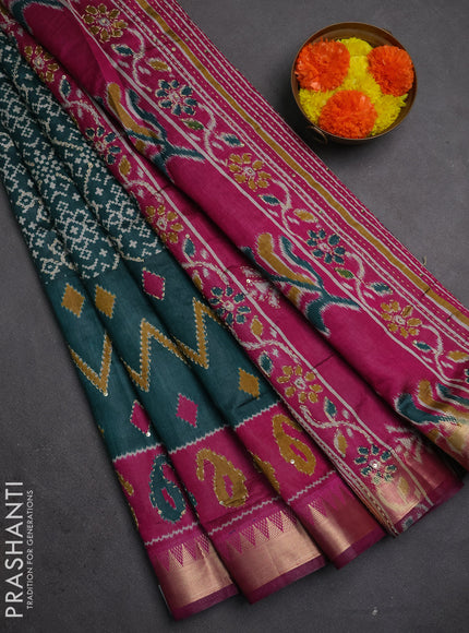 Semi tussar saree peacock green and magenta pink with allover ikat prints & kantha work and zari woven border