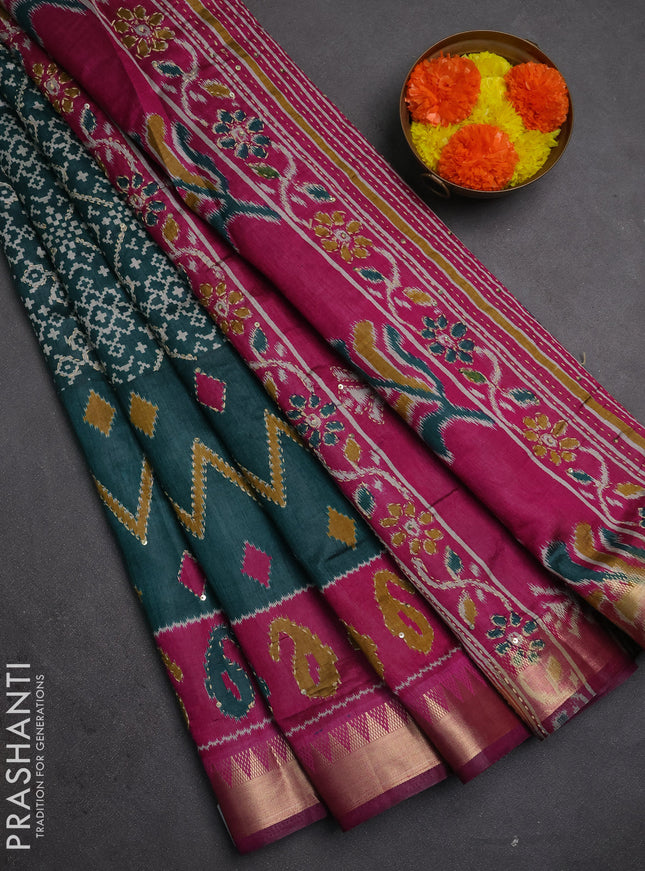 Semi tussar saree peacock green and magenta pink with allover ikat prints & kantha work and zari woven border