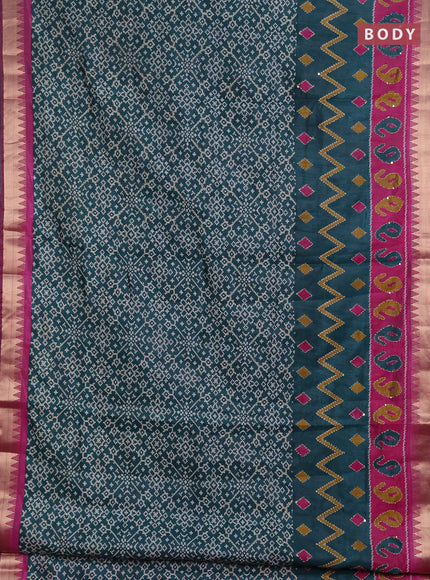 Semi tussar saree peacock green and magenta pink with allover ikat prints & kantha work and zari woven border