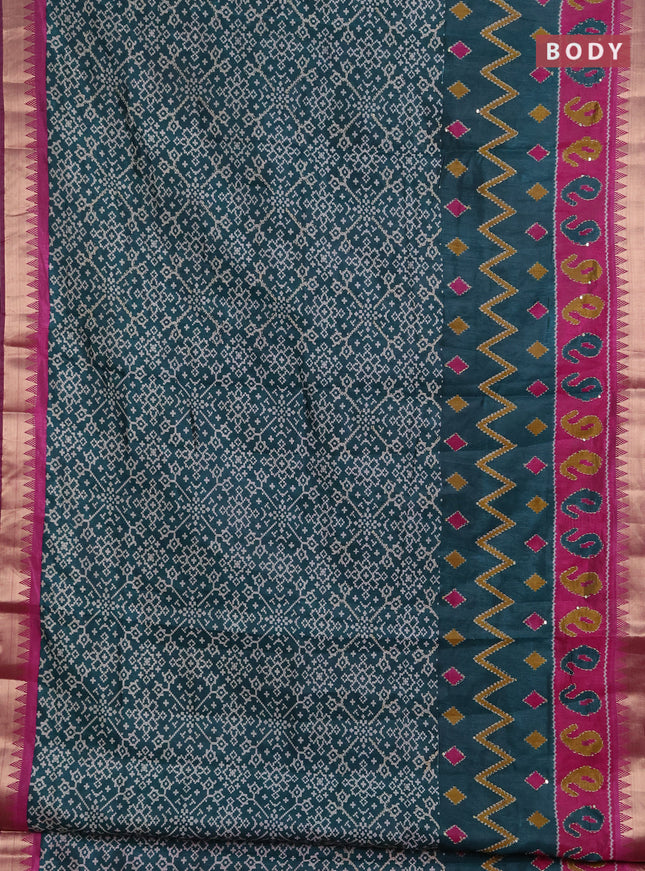 Semi tussar saree peacock green and magenta pink with allover ikat prints & kantha work and zari woven border