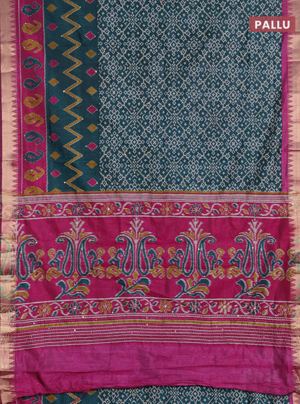 Semi tussar saree peacock green and magenta pink with allover ikat prints & kantha work and zari woven border