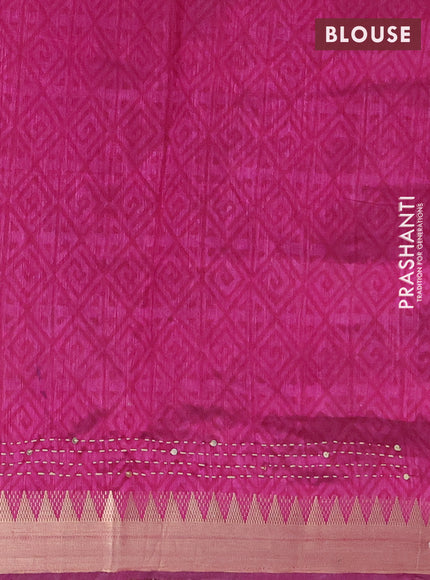 Semi tussar saree peacock green and magenta pink with allover ikat prints & kantha work and zari woven border
