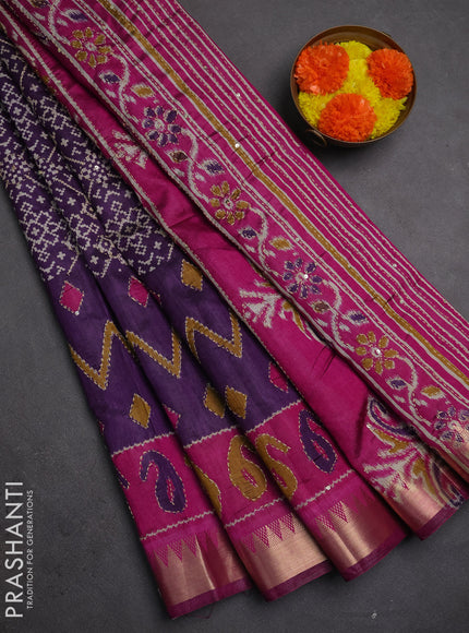 Semi tussar saree deep purple and magenta pink with allover ikat prints & kantha work and zari woven border