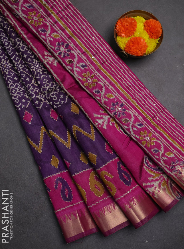 Semi tussar saree deep purple and magenta pink with allover ikat prints & kantha work and zari woven border