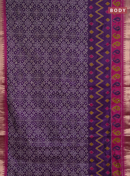 Semi tussar saree deep purple and magenta pink with allover ikat prints & kantha work and zari woven border