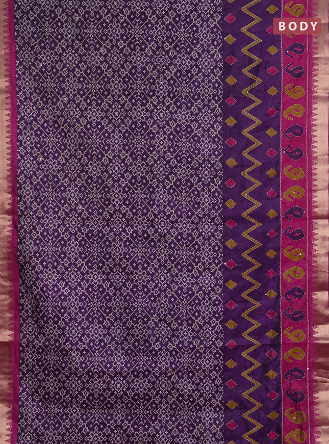 Semi tussar saree deep purple and magenta pink with allover ikat prints & kantha work and zari woven border