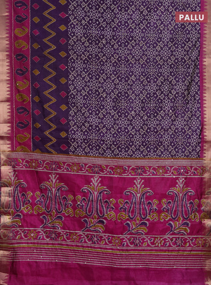 Semi tussar saree deep purple and magenta pink with allover ikat prints & kantha work and zari woven border