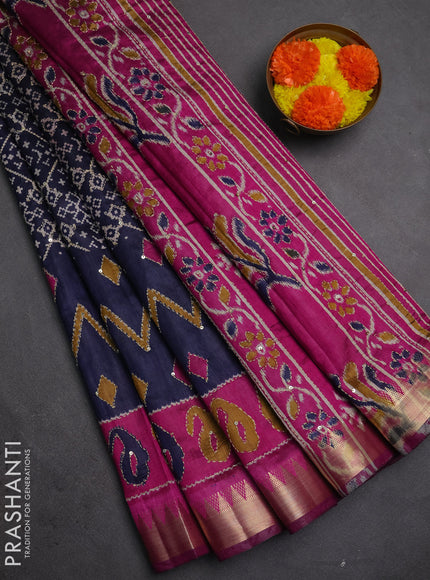 Semi tussar saree navy blue and magenta pink with allover ikat prints & kantha work and zari woven border