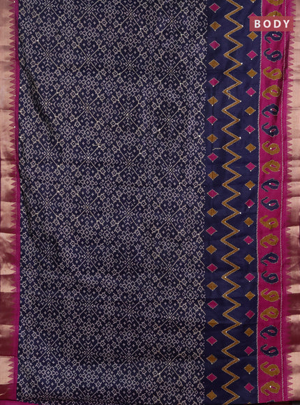 Semi tussar saree navy blue and magenta pink with allover ikat prints & kantha work and zari woven border