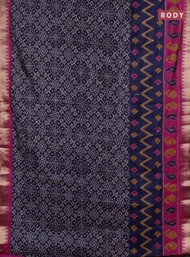 Semi tussar saree navy blue and magenta pink with allover ikat prints & kantha work and zari woven border