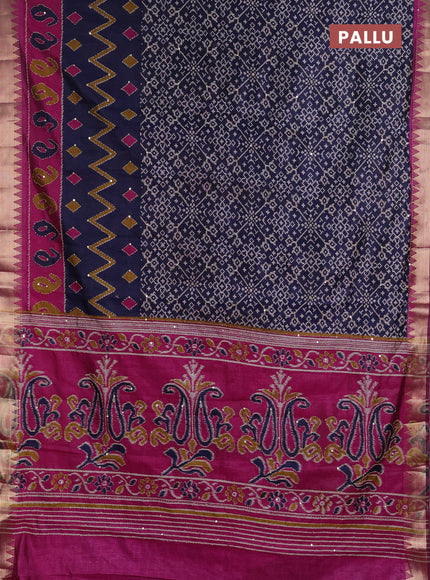 Semi tussar saree navy blue and magenta pink with allover ikat prints & kantha work and zari woven border