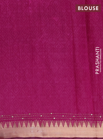 Semi tussar saree navy blue and magenta pink with allover ikat prints & kantha work and zari woven border